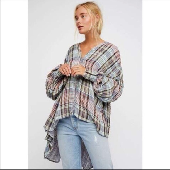 Free People Tops - Free People - Boho Cottage Plaid Colorful Button Down Oversized Blouse Size Med